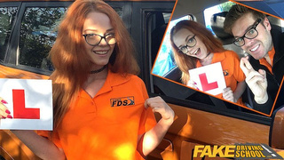 Fake Driving Instructor rides his fine redhead teenie student in the car and gives her a cream-pie