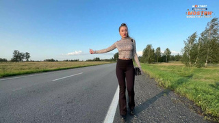 Charming chick hitchhikes in tight leggings, shows melons and behind and pays for the ride with sex
