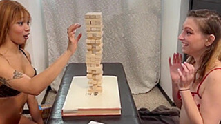 A Tall Tumble Tower Strip Game With A Charming Lesbo Lovers - Celestina Blooms And Aften Opal