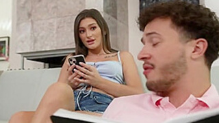 Brunette sweetie Mae Milano takes friend's nerdy brother's virginity emptying his balls
