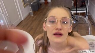 Petite Chick in Glasses Swallowing and Ride Dong in the Kitchen with CREAM-PIE