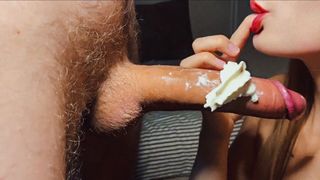 Enormous Rod in Whipped Cream. Close up Bj with Jizz in Mouth