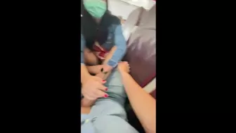 Twat play and great hand-job on a plane - RISKY PUBLIC FLIGHT !