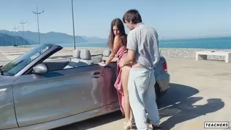Petite skank gave herself to a rich lover on the coast for a cabriolet