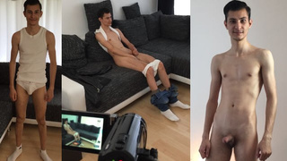 18-year-mature slim hairless refugee at the German casting interview with small prick and white socks
